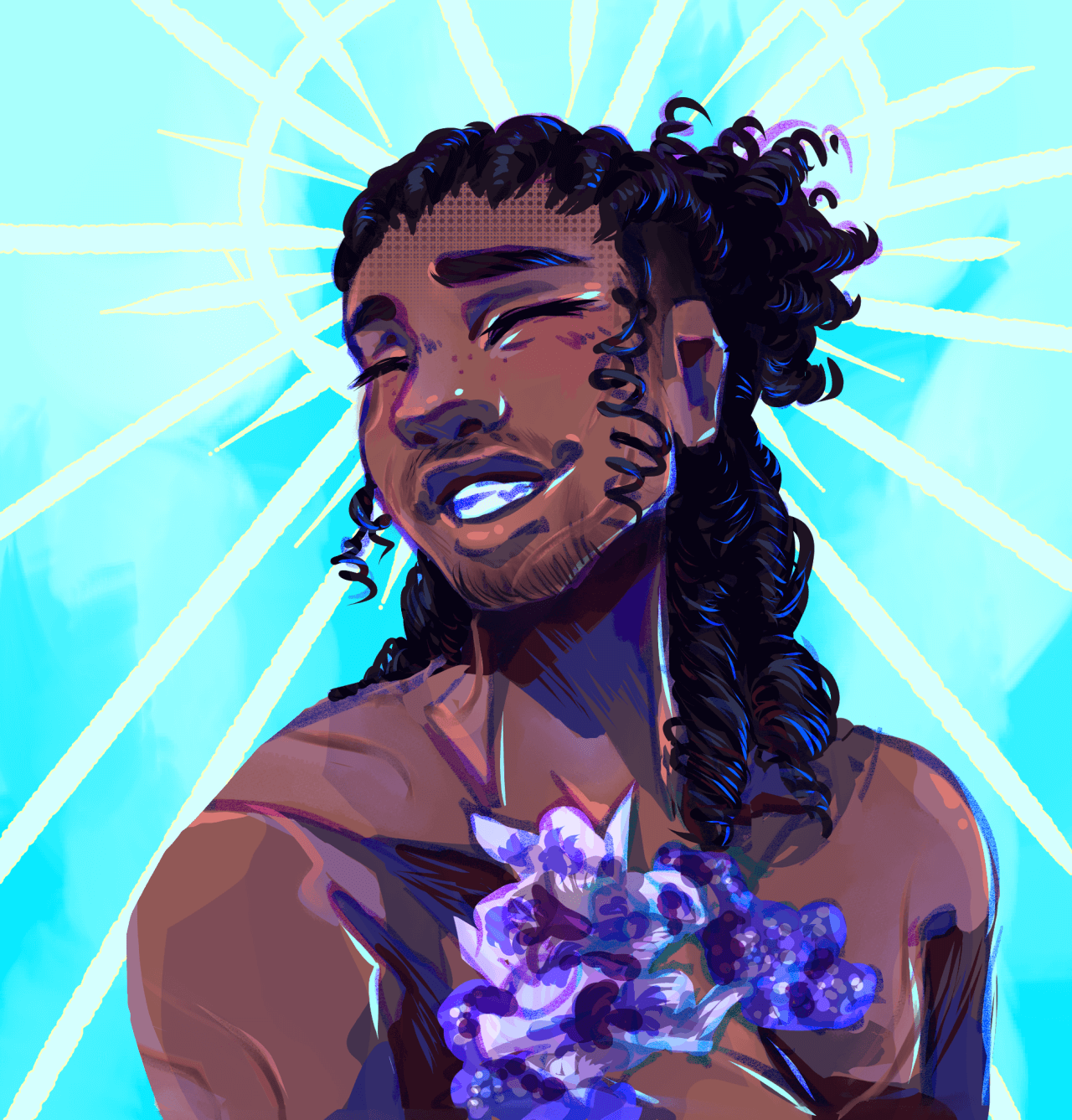 Art of Wyll with long hair and smiling sweetly