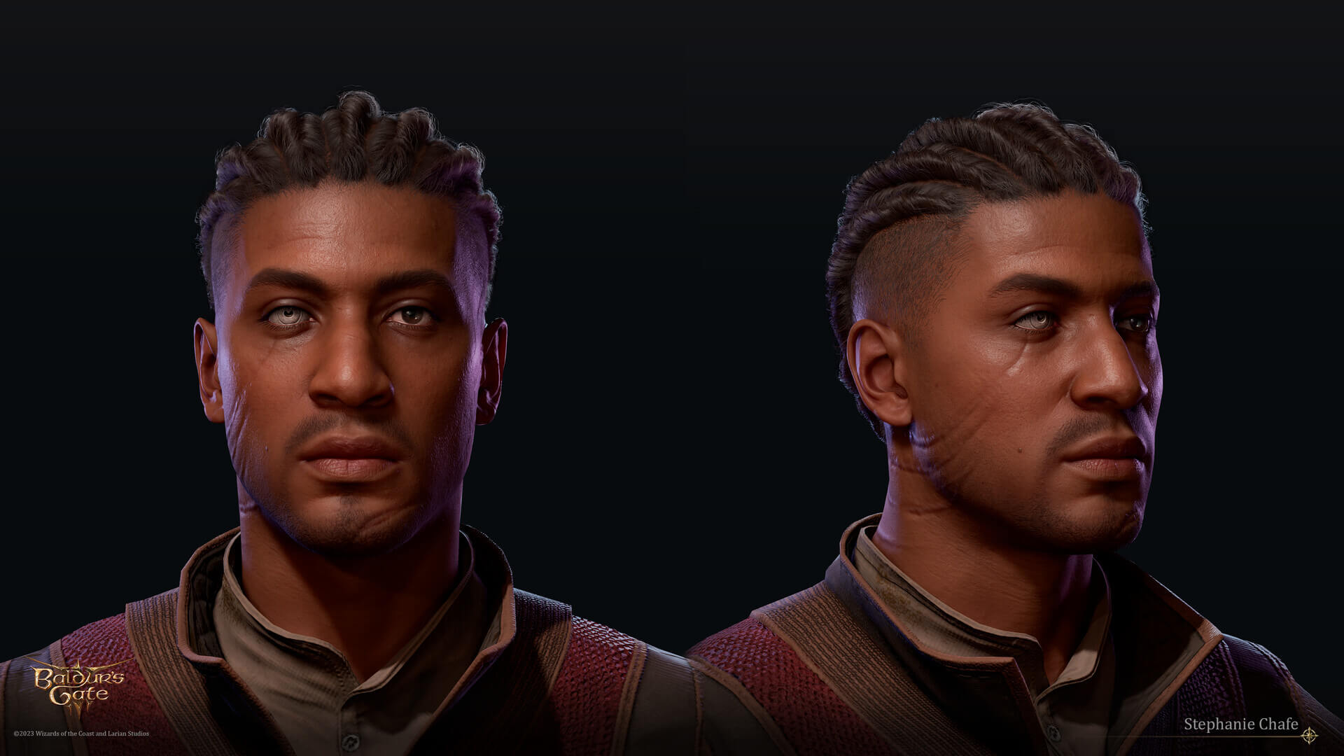 Portraits of Wyll showing his scars